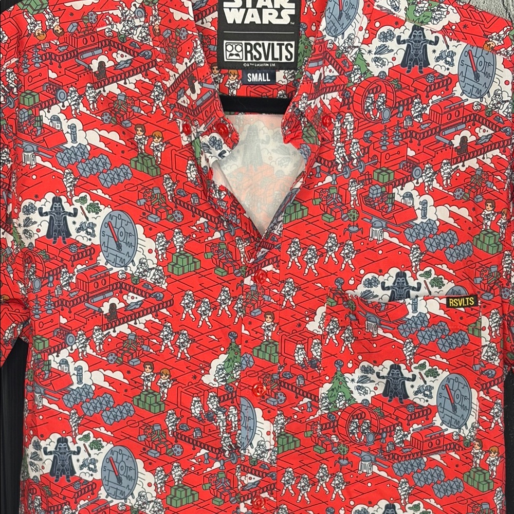 RSVLTS Star Wars X-mas holiday Red and Blue Patterned Button Down Shirt - Picture 2 of 2